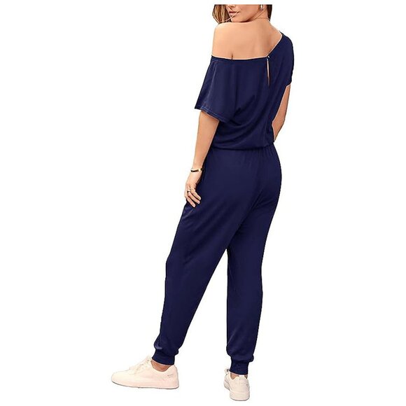 Women's Loose Solid Off Shoulder Elastic Waist Stretchy Navy - Picture 2 of 6